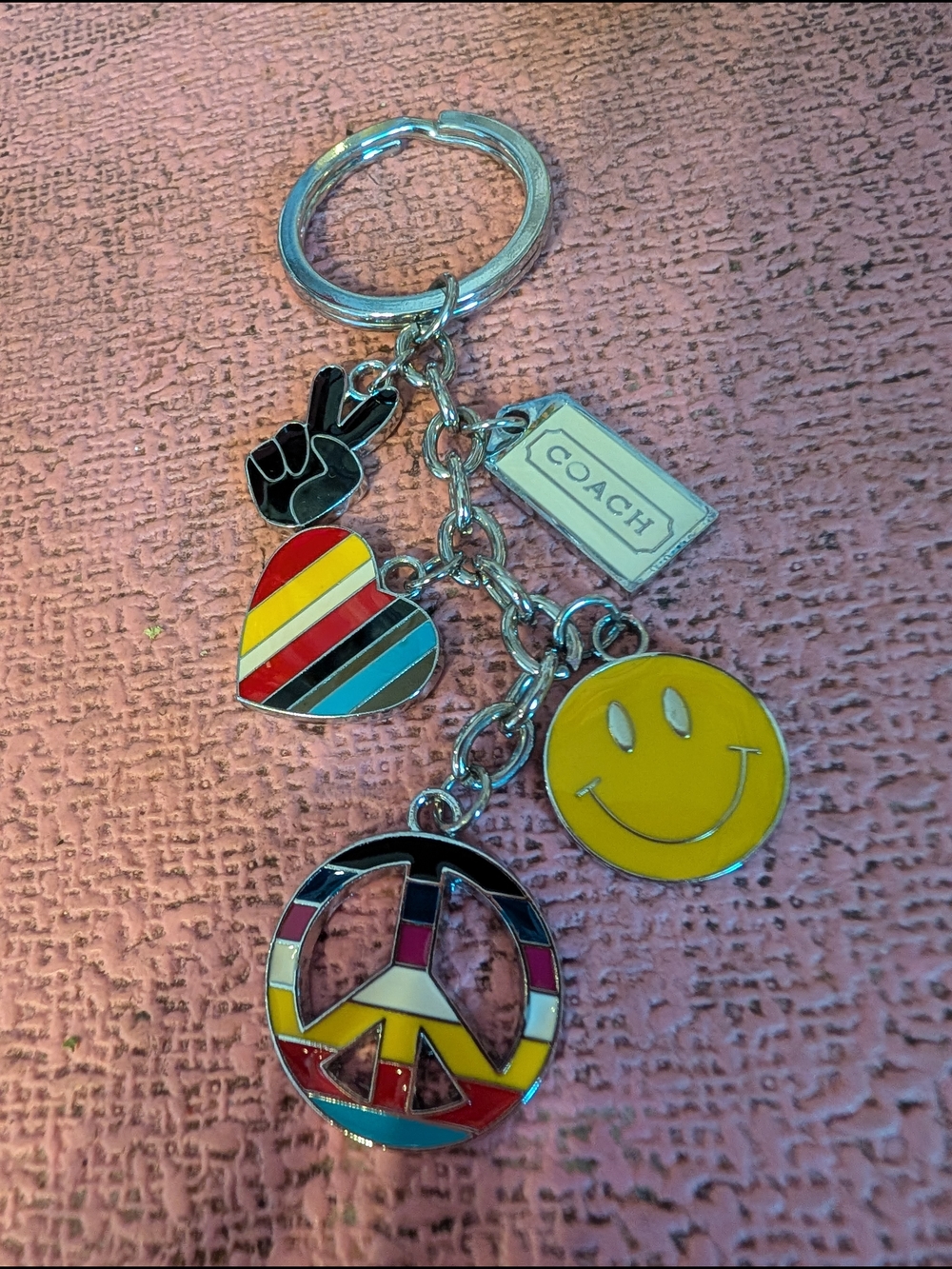 COACH Vintage Five Charm Multicolor Enamel Peace, Heart & Smiley Charm Keychain